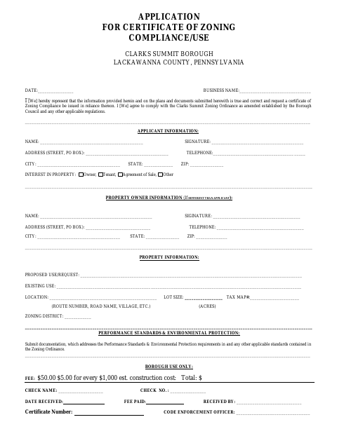 First page of the Application for Certificate of Zoning Compliance/Use