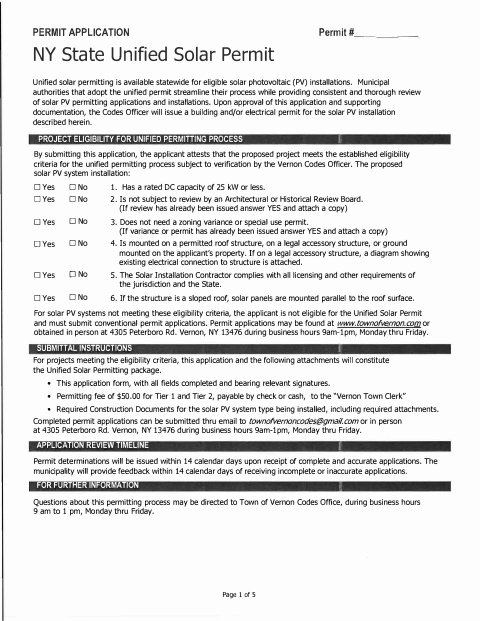 First page of the NY State Unified Solar Permit