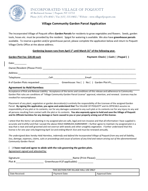First page of the Village Community Garden Parcel Application