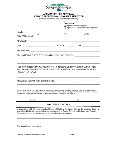 First page of the Application for Approval of Private Professional Engineer Inspector