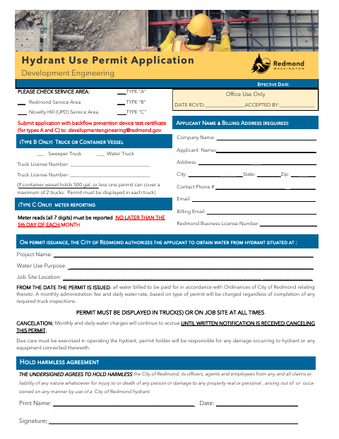First page of the Hydrant Use Permit Application