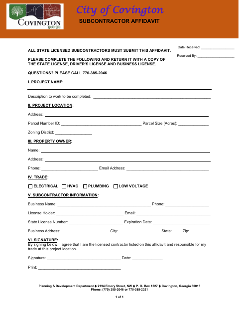 First page of the Subcontractor Affidavit