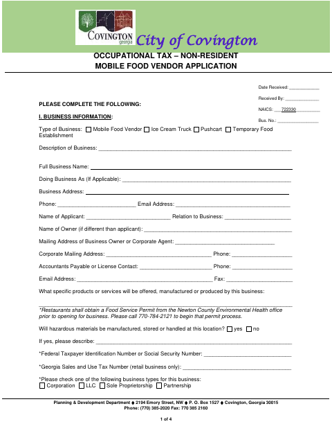 First page of the Nonresident Mobile Food Vendor Application