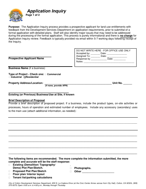 First page of the Application Inquiry