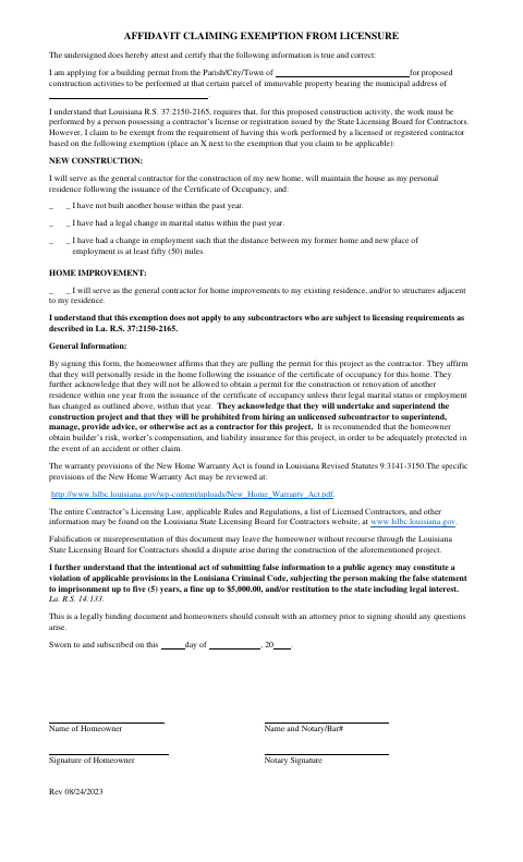 First page of the Affidavit Claiming Exemption From Licensure