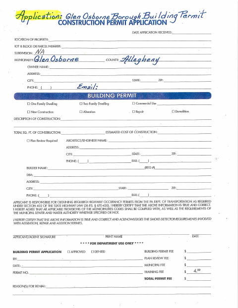 First page of the Building Permit Application