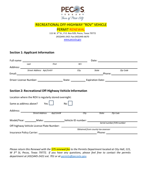 First page of the Recreational Off-Highway Vehicle Permit Renewal