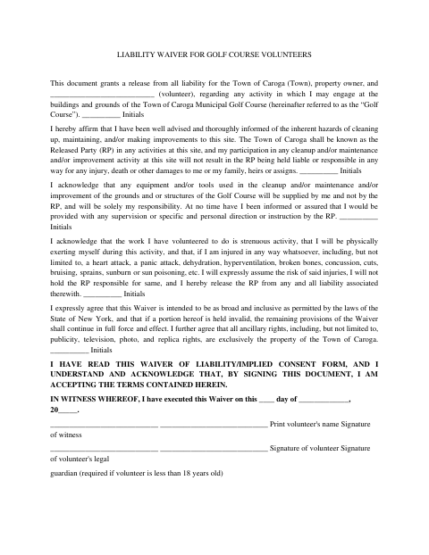 First page of the Liability Waiver for Golf Course Volunteers