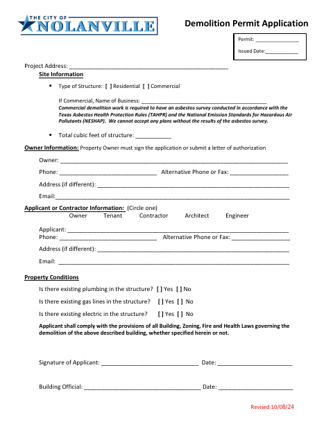 First page of the Demolition Permit Application