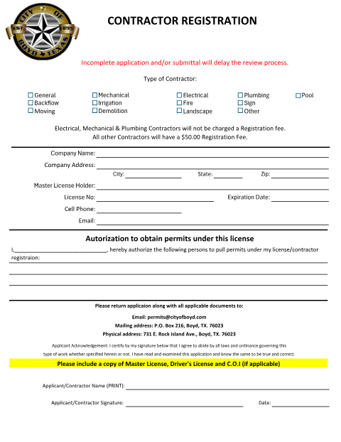 First page of the Contractor Registration Application 2024.25