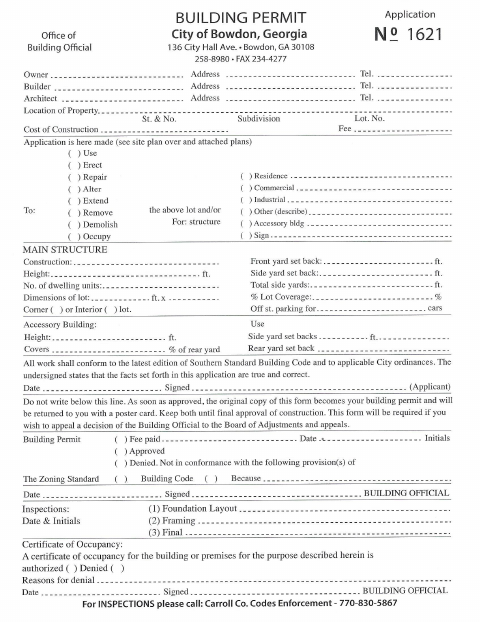 First page of the Building Permit Application