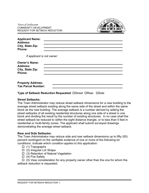 First page of the Request for Setback Reduction