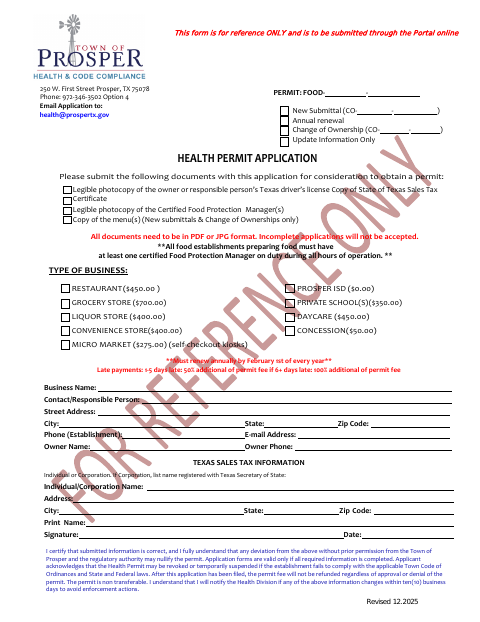 First page of the Health Permit Application for Permanent Establishments