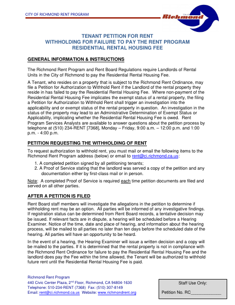 First page of the Tenant Petition for Rent Withholding for Failure to Pay the Rent Program Residential Rental Housing Fee