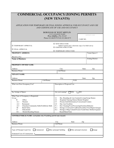 First page of the Commercial Occupancy and Zoning Permits Application for New Tenants
