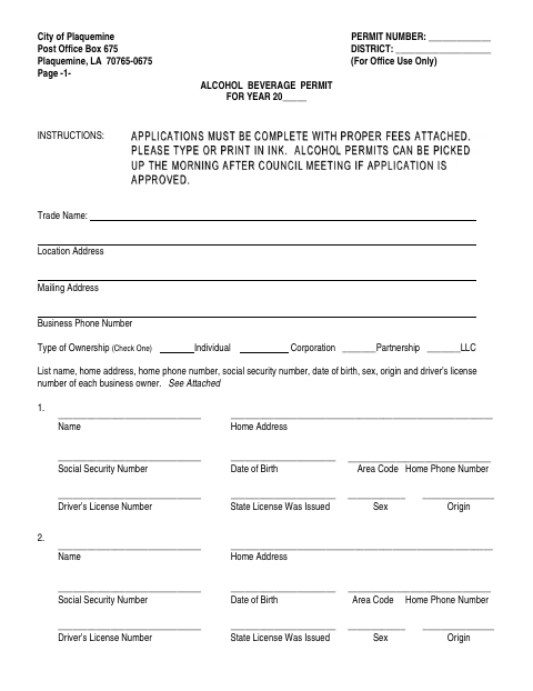 First page of the Alcohol Beverage Permit Application