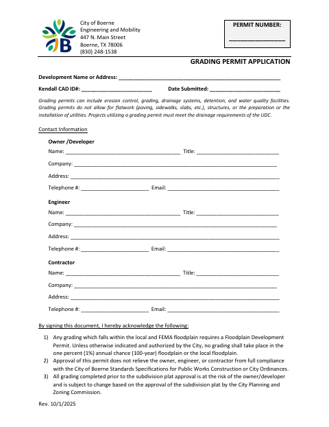 First page of the Grading Permit Application