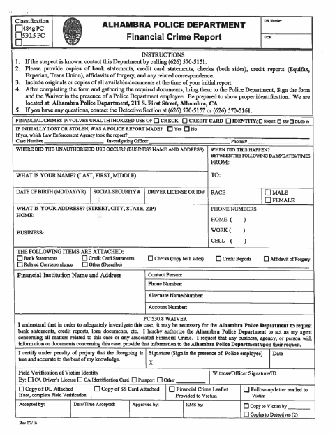First page of the Financial Crime Report Forms