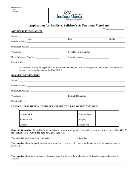 First page of the Peddler, Solicitor’s & Transient Merchant Application