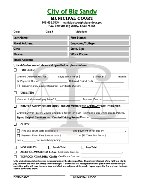 First page of the Municipal Court Plea Form