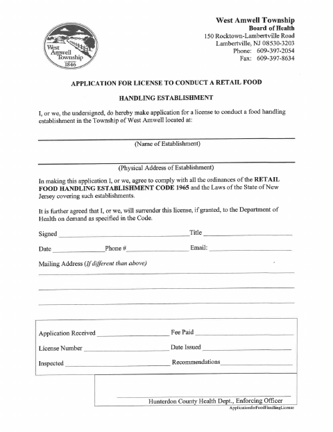 First page of the Application for License to Conduct a Retail Food Handling Establishment