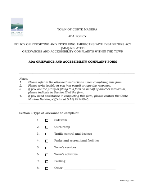 First page of the ADA Grievance and Accessibility Complaint Form