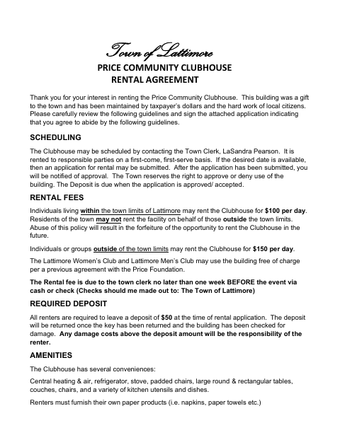First page of the Price Community Clubhouse Rental Agreement