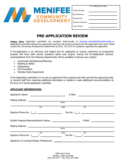First page of the Pre-Application Review