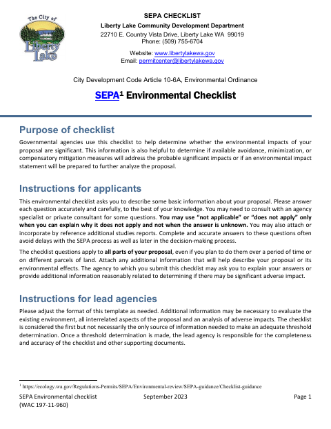 First page of the SEPA Environmental Checklist