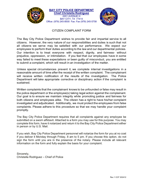 First page of the Citizen Complaint Form Sworn Affidavit