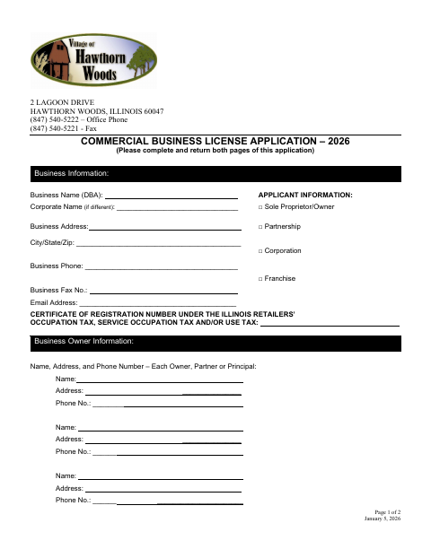 First page of the Commercial Business License Application