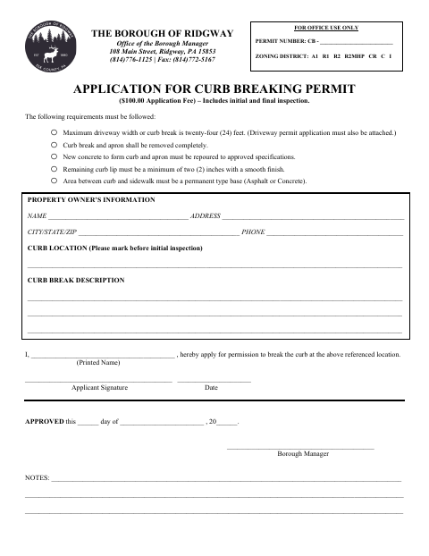 First page of the Application for Curb Breaking Permit
