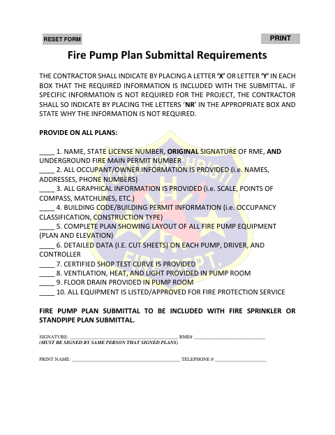 First page of the Fire Pump Plan Submittal Requirements