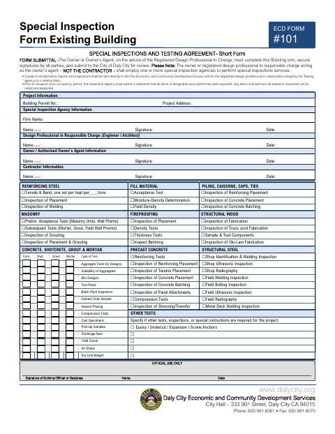 First page of the Special Inspections and Testing Agreement – Short Form