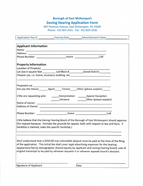First page of the Zoning Hearing Application