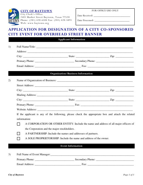 First page of the Application for Designation of a City Co-Sponsored City Event for Overhead Street Banner