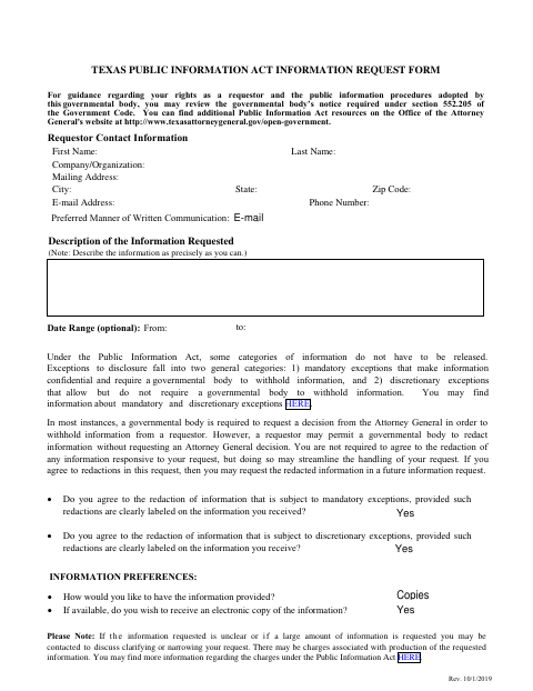First page of the Texas Public Information Act Information Request Form