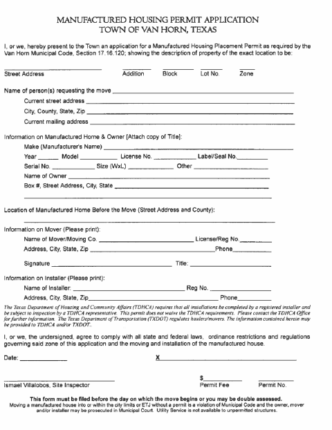 First page of the Manufactured Housing Permit Application