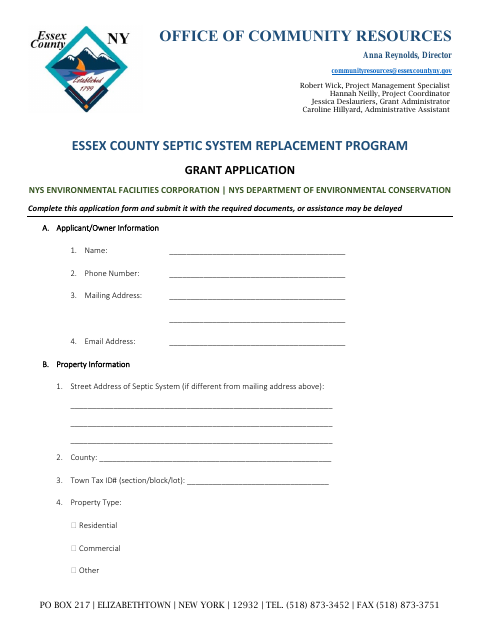 First page of the Essex County Septic System Replacement Program Grant Application