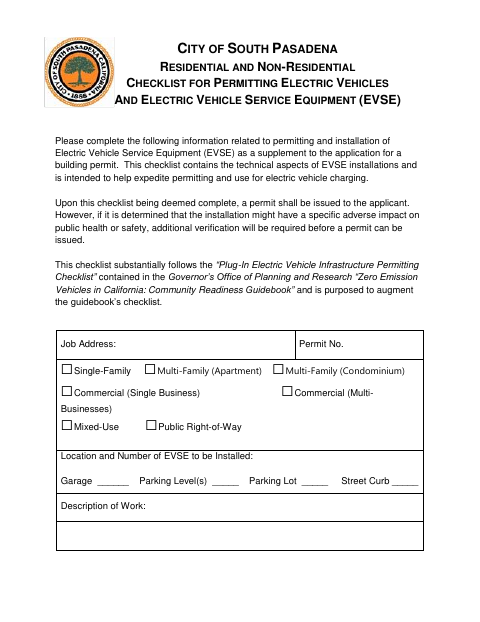 First page of the Residential and Non-Residential EVSE Permitting Checklist
