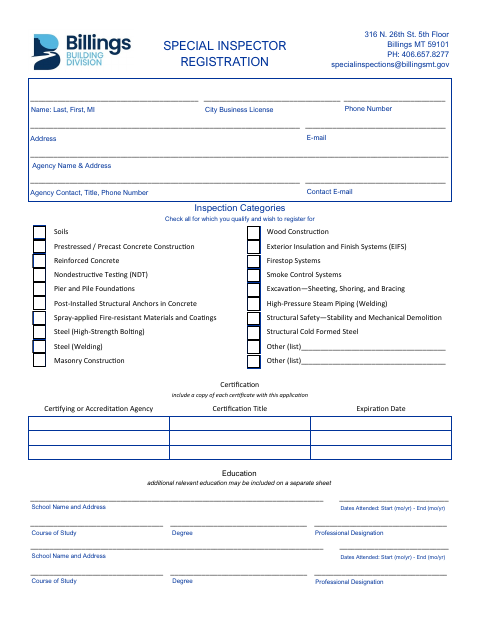 First page of the Special Inspector Registration