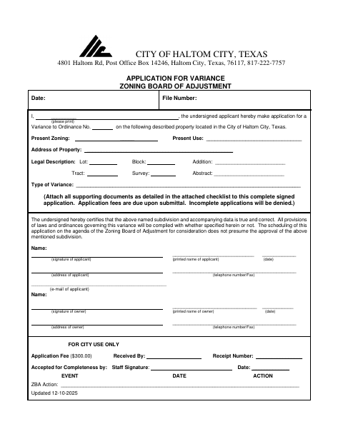 First page of the Application for Variance