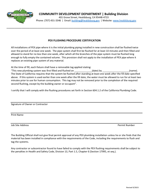 First page of the PEX Flushing Procedure Certification