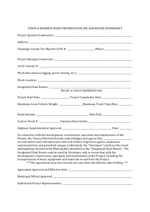 First page of the Road Preservation Use and Repair Worksheet