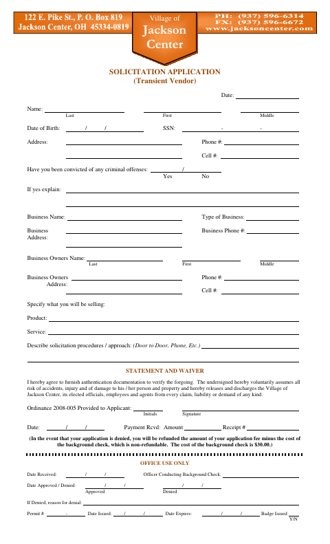 First page of the Solicitation Application (Transient Vendor)