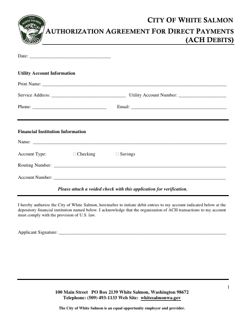 First page of the Authorization Agreement for Direct Payments (ACH Debits)