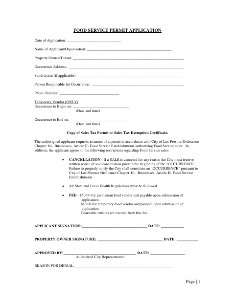 First page of the Food Service Permit Application