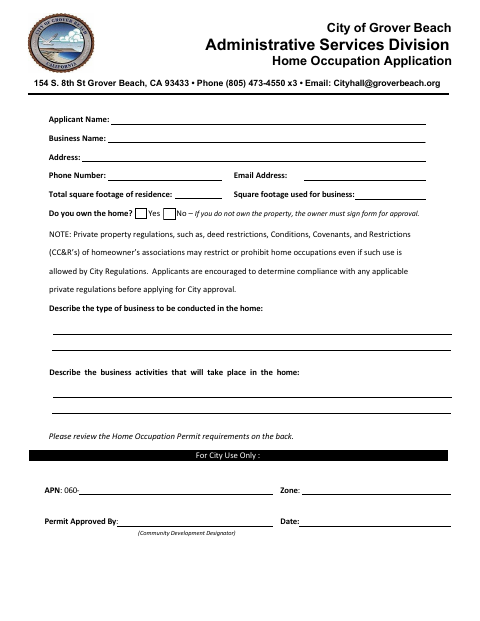 First page of the Home Occupation Application