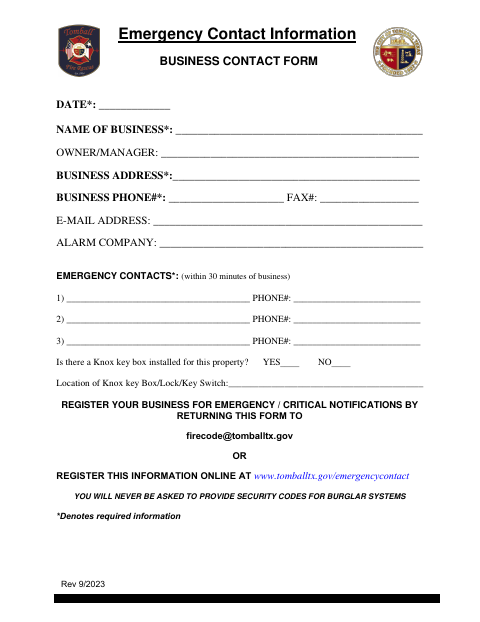 First page of the Emergency Contact Information Business Contact Form