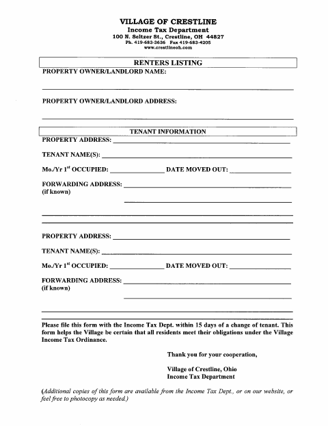 First page of the Renters Listing
